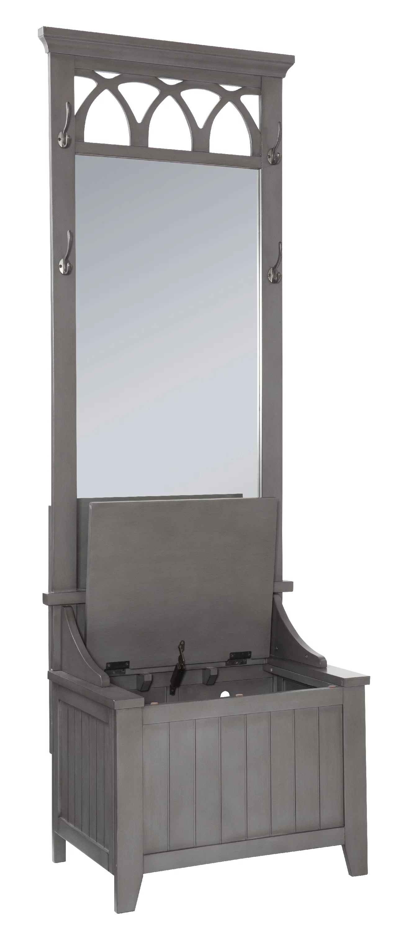Winslett 4-Hook Hall Tree with Storage Bench and Mirror, Gray