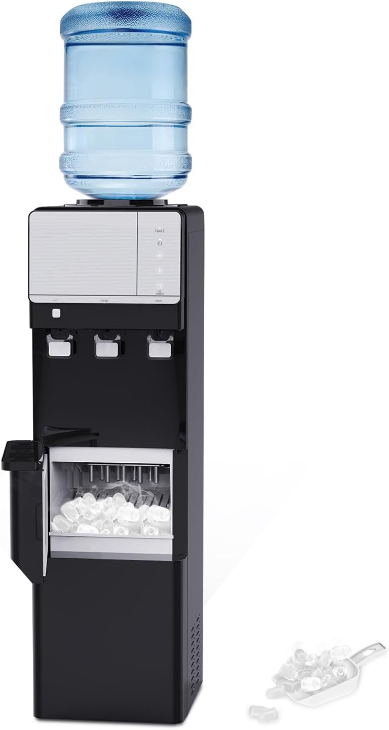 Water Cooler Dispenser with Ice Maker - Top Loading Water Dispenser 3 or 5 Gallon - 3 Temperature Setting - 27 lbs in 24 hrs - 9 Ice Cubes Per 5-7 Mins - Child Safety Lock Black