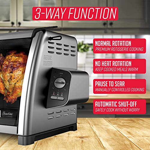 Ronco Showtime Large Capacity Rotisserie & BBQ Oven Modern Edition, Simple Switch Controls, Silicone Door Tie, Auto Shutoff, Includes Multipurpose Basket