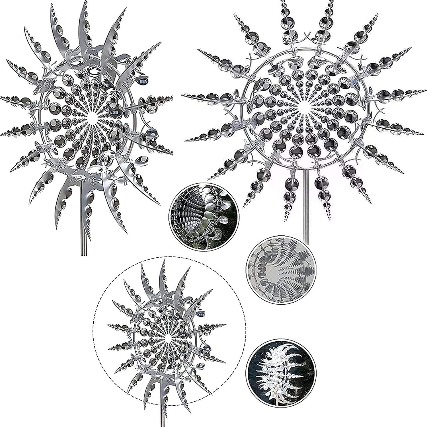 Unique and Magical Metal Windmill - 3D Wind Kinetic Sculpture - Wind Catchers Metal Outdoor Patio Decoration - Metal Wind Spinners Suitable for Outdoor Garden (Round-Silver)
