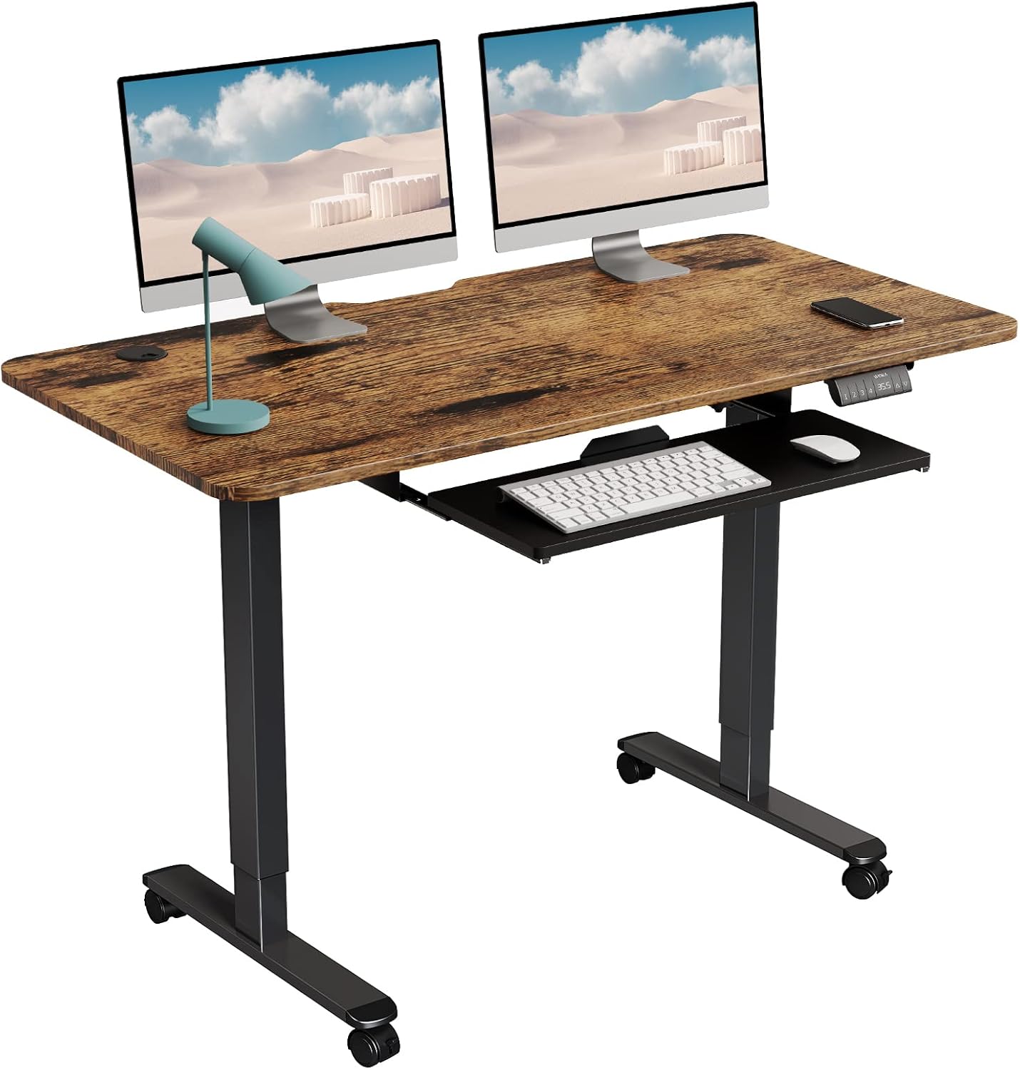 WOKA Electric Standing Desk Adjustable Height, 48 x 24 Inches Stand up Desk with Keyboard Tray, Sit Stand Desk with Memory Controller for Home Office, Motorized Desk with Splice Board, Black
