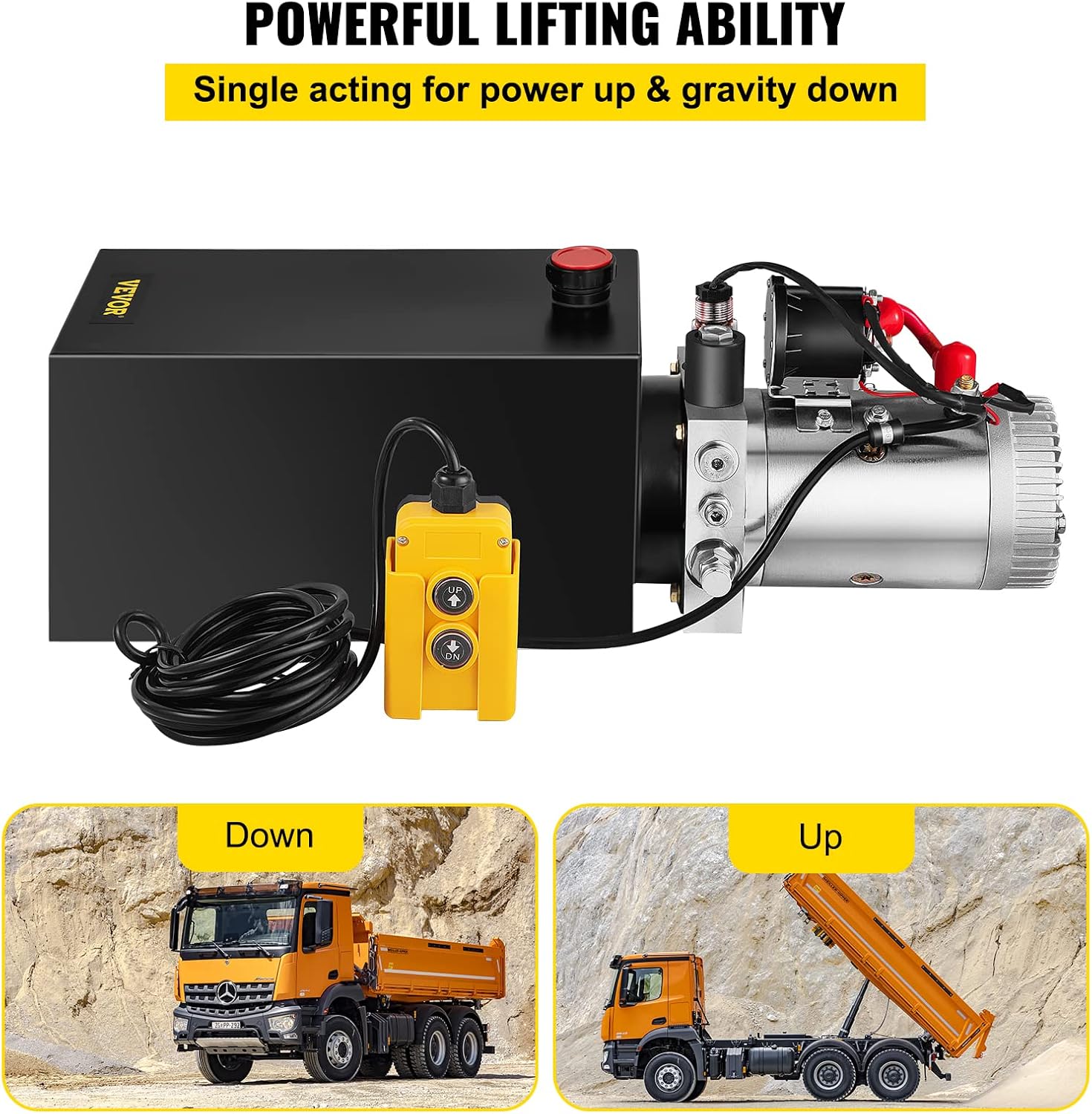 Mophorn Hydraulic Pump, 10 Quart Hydraulic Power Unit, Single Acting Hydraulic Pump, 12V DC Hydraulic Pump (Steel Reservoir, Single Acting, 3200 PSI) w/SAE#6 Connector for Dump Trailer Car Lifting