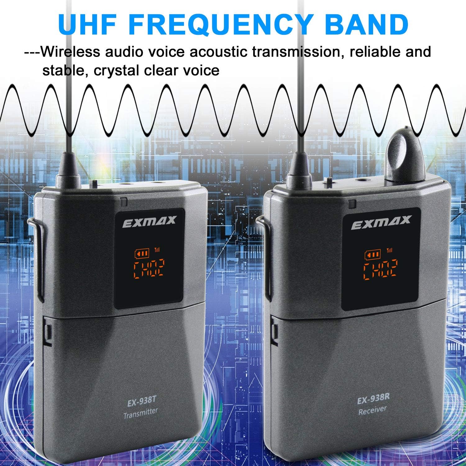 EXMAX EX-938 Wireless Headset Microphone Tour Guide System Interpreter Transmitter Translator in Your Ear for Church Translation Simultaneous Interpretation (1 Transmitter 10 Receivers & Storage Case)