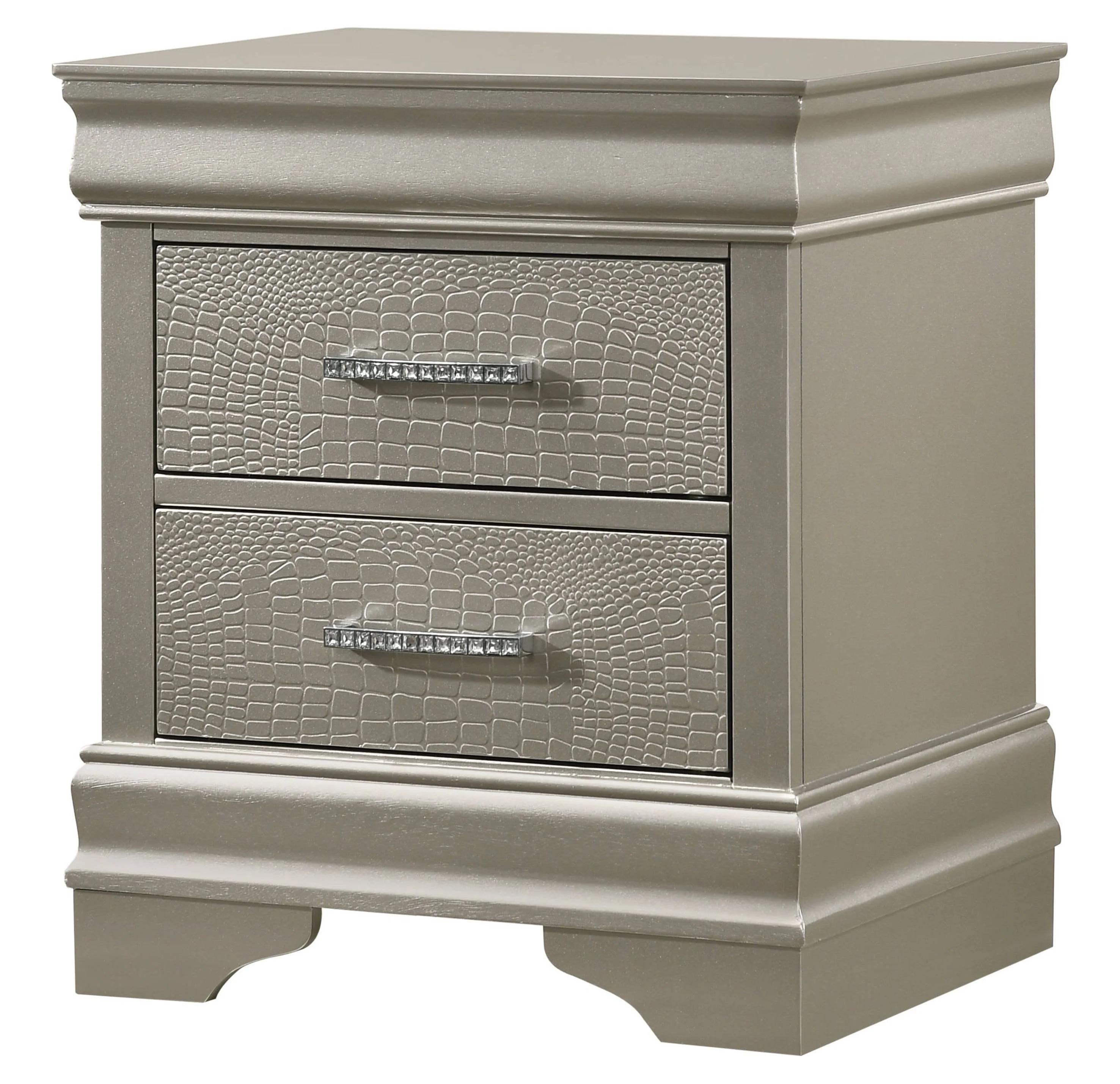 6Pc Silver Finish King Size Panel Upholstered Bed Dresser Mirror Nightstand Chest Set Wooden Bedroom Furniture