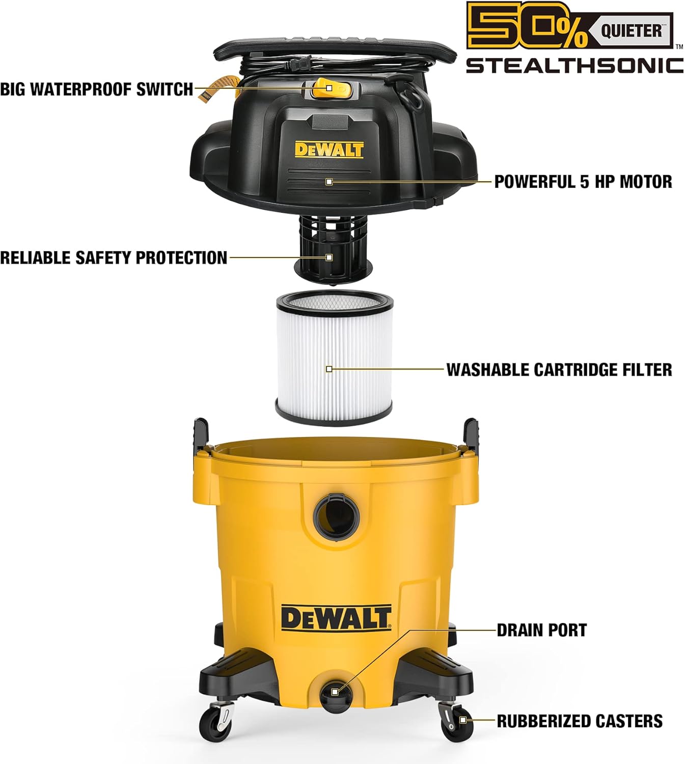 DEWALT 12 Gallon STEALTHSONIC Poly Wet/Dry Vacuum, DXV12P-QTA Newest Noise Reduction Vac, Heavy Duty Shop Vacuum for Jobsite/Workshop, Reduce Motor Noise, Yellow