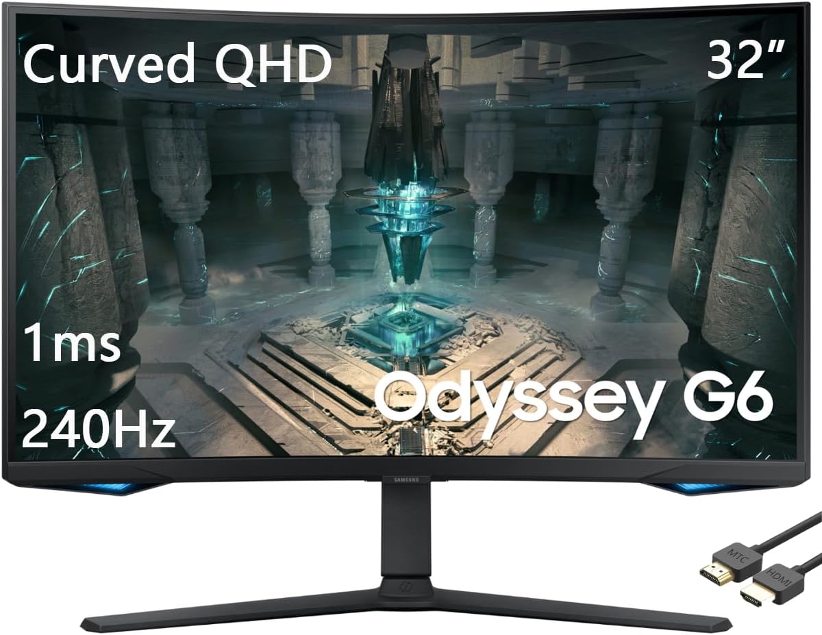 SAMSUNG 32" Odyssey G65B Series 1000R Curved QHD Gaming Monitor, 240Hz, 1ms, Smart TV Apps and Gaming Hub, Eye Height, Swivel & Tilt Adjustable Stand, Black, with MTC HDMI Cable