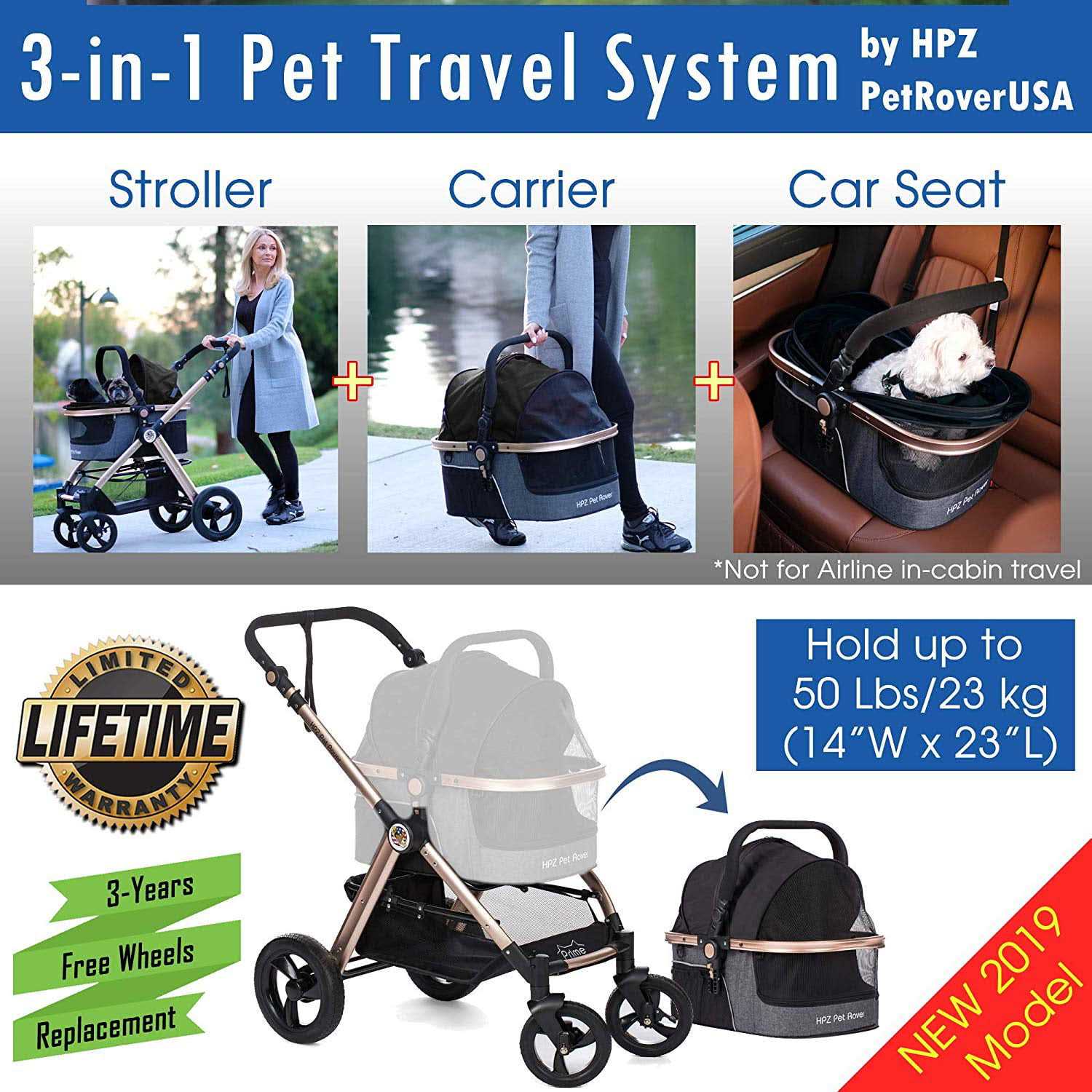 HPZ Pet Rover Prime 3-in-1 Luxury Stroller - Pet Supplies online store