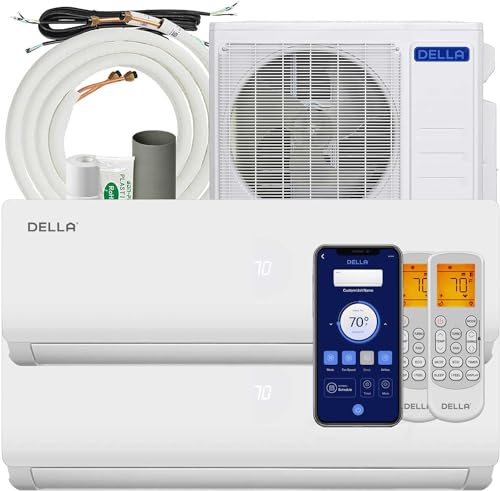 DELLA 18K BTU ODU 2 Zone 19 SEER2 208-230V Wifi Energy Efficient Multi Zone Ductless Mini Split Air Conditioner Heat Pump Full Set with 16ft Installation Kits
