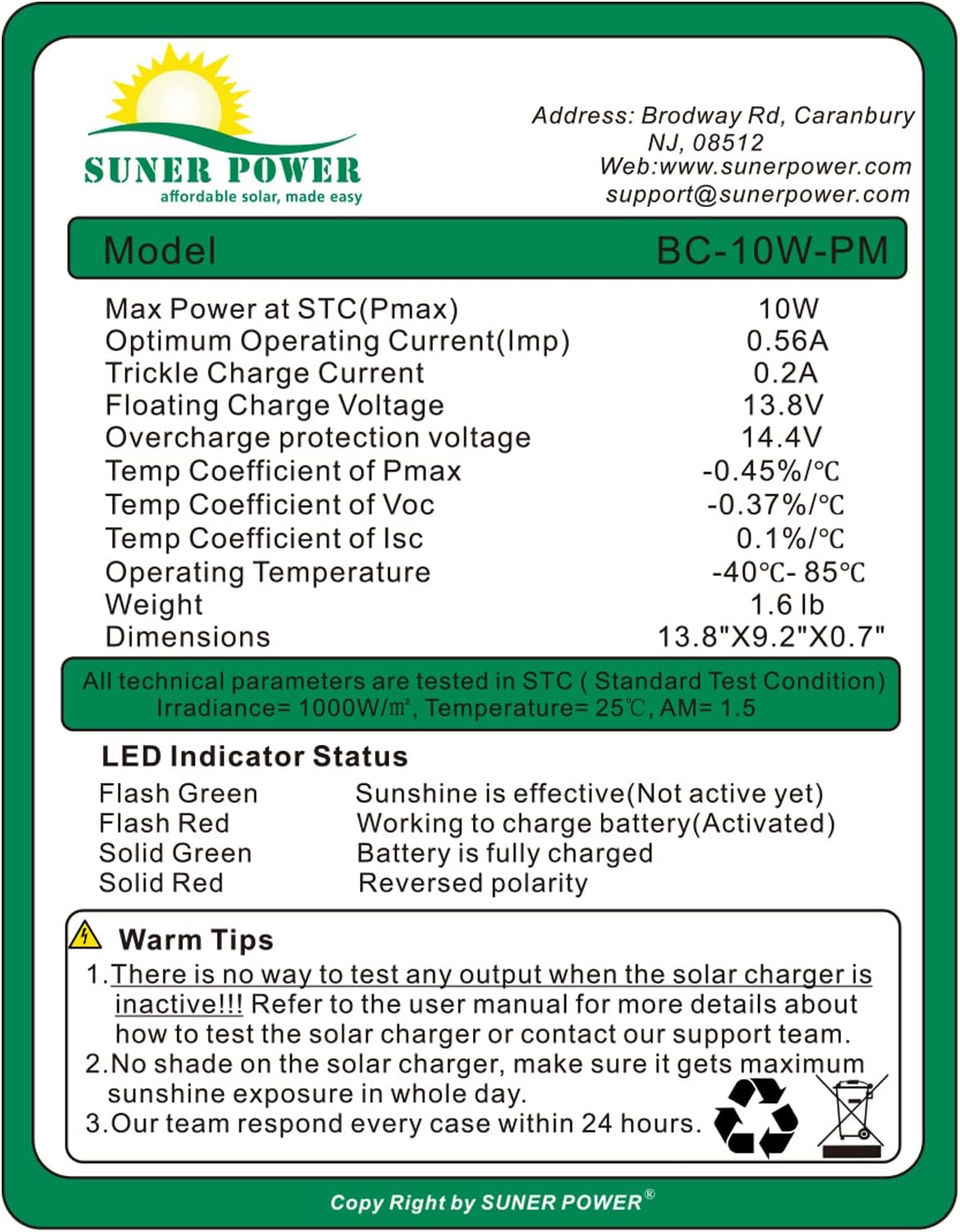 SUNER POWER 10 Watt Solar Panel Powered Charger Kit + + Tubular Mount Bracket for Automatic Gate Opener, Electrical Fence, etc