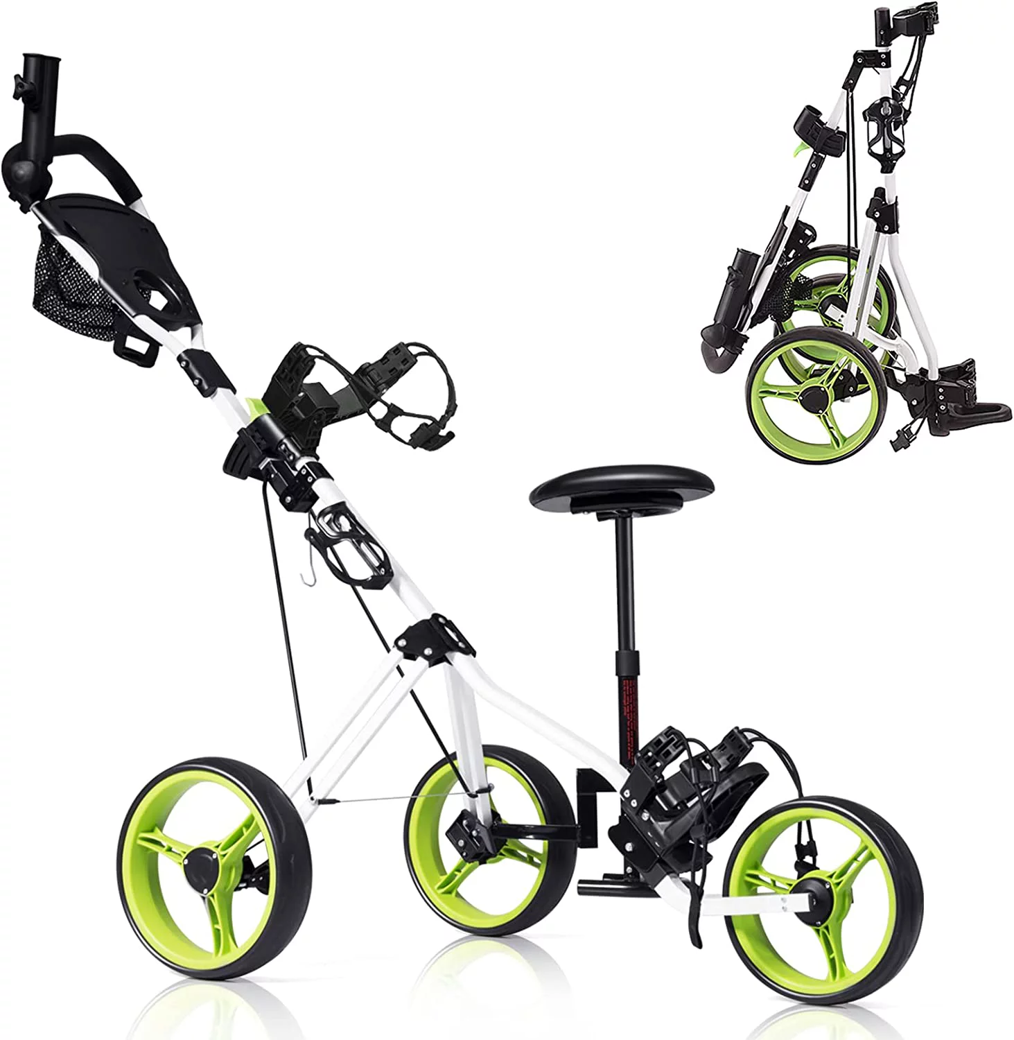 Golf Push Pull Cart with Seat, Lightweight Foldable Collapsible 3 Wheels Golf Push Cart, Golf Trolley with Foot Brake, Adjustable Umbrella Holder & Seat, 4 Height Position Handle - Curated Treasures Market