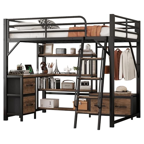 Full Size Loft Bed with Stairs and Storage, Metal Loft Bed Frame with Bedside Shelf and Large Under-Bed Space, Heavy-Duty Bed for Adults Teens and Kids, Black
