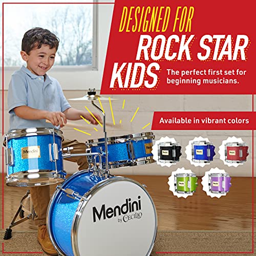 Mendini By Cecilio Kids Drum Set, 3 Piece Junior Drum Set for Beginners with Bass Tom Snare Drum, 16 inch Drum Kit with Snare, Cymbal, Drumsticks, Adjustable Seat (Metallic Red)