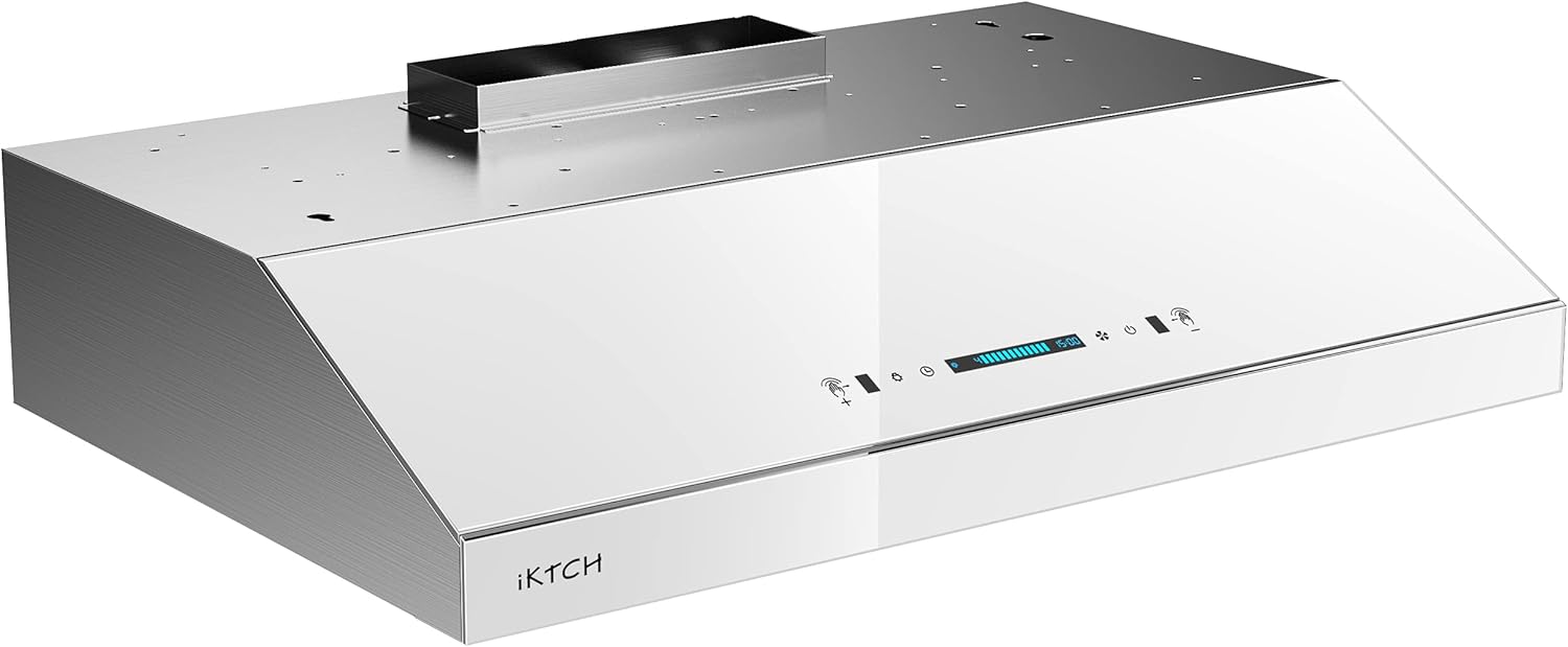 IKTCH 36'' Under Cabinet Range Hood, 900 CFM Stainless Steel & Tempered Glass Kitchen Chimney Vent with Gesture Sensing & Touch Control IKC02-36B
