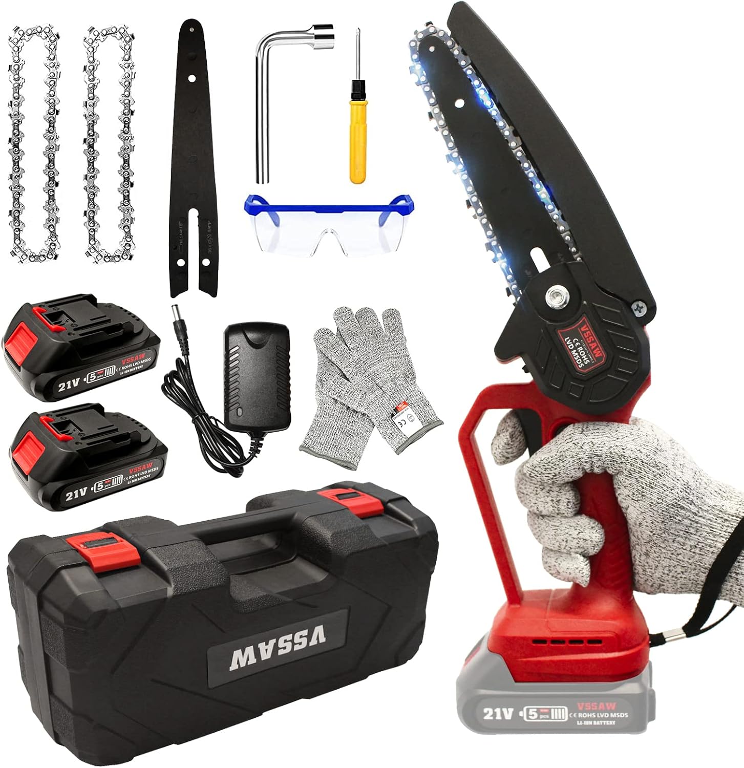 Mini Chainsaw Cordless Brushless, VSSAW 6 inch Battery Power Chain Saw, Portable Handheld Small Chainsaw with Security Lock for Tree Trimming Garden Pruning Branch Wood Cutting Pack of 2