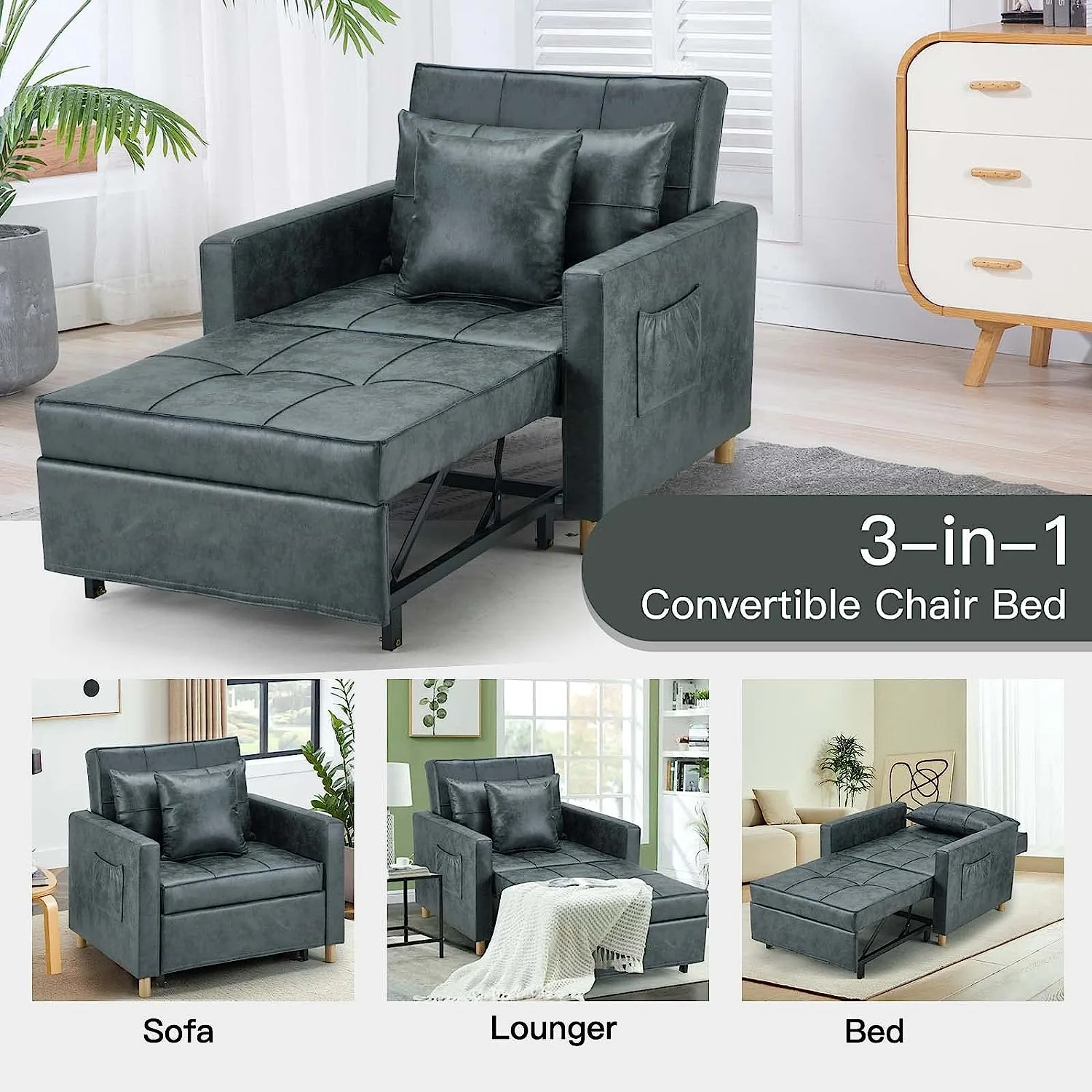AECOJOY 3-in-1 Convertible Chair Bed Sleeper & Futon Sofa Bed Chair with Adjustable Backrest and 2 Pillows-Bronze Green