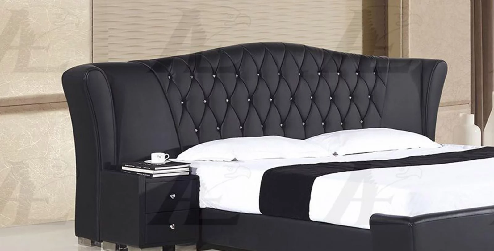 Black PU Cal King Size Bed and 2 Nightstands Set 3Pcs American Eagle B-D028