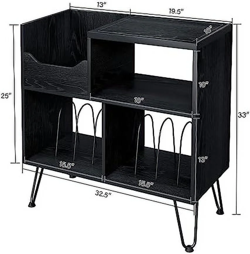 RUNFAYBIU Record Player Stand with Vibration-Isolated Turntable Design  Vinyl Record  Table with Charging Station  Mid-Century Modern Turntable Stand (Black)