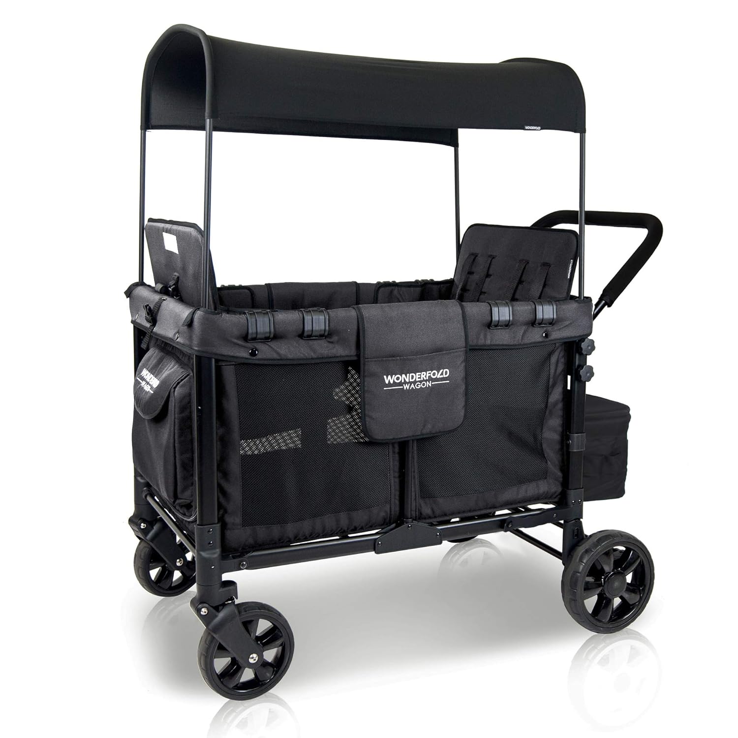 WONDERFOLD W4 4 Seater Multi-Function Quad Stroller Wagon with Removable Raised Seats and Slidable Canopy, Gray