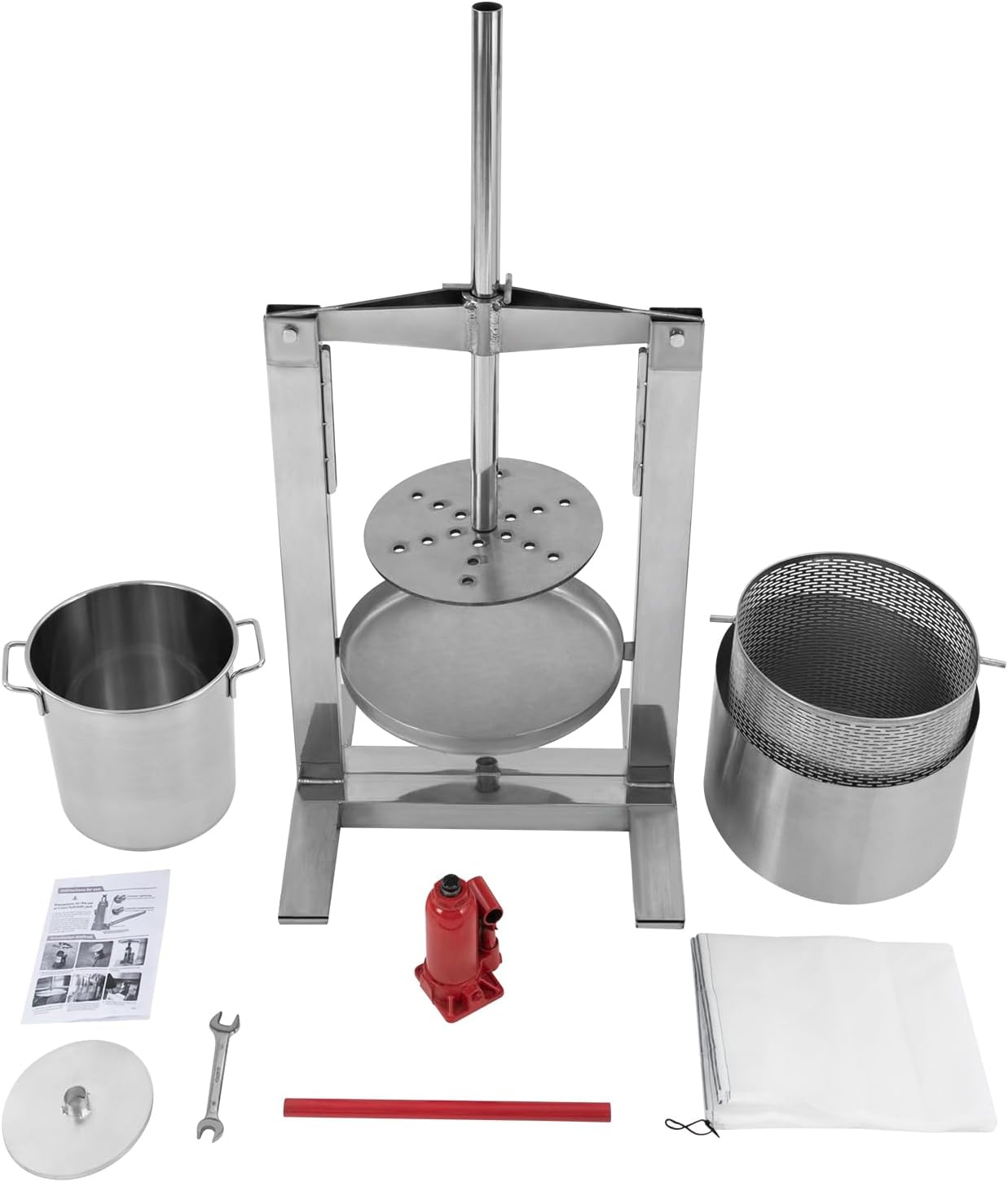 Fruit Wine Press, 5.28 Gal Manual Stainless Steel Juice Maker for Wine Making, Apple Cider Vegetables Berries Olive Oil Press with 3 Stainless Steel Barrels, 1 Hydraulic Jack, 1 Filter Bag