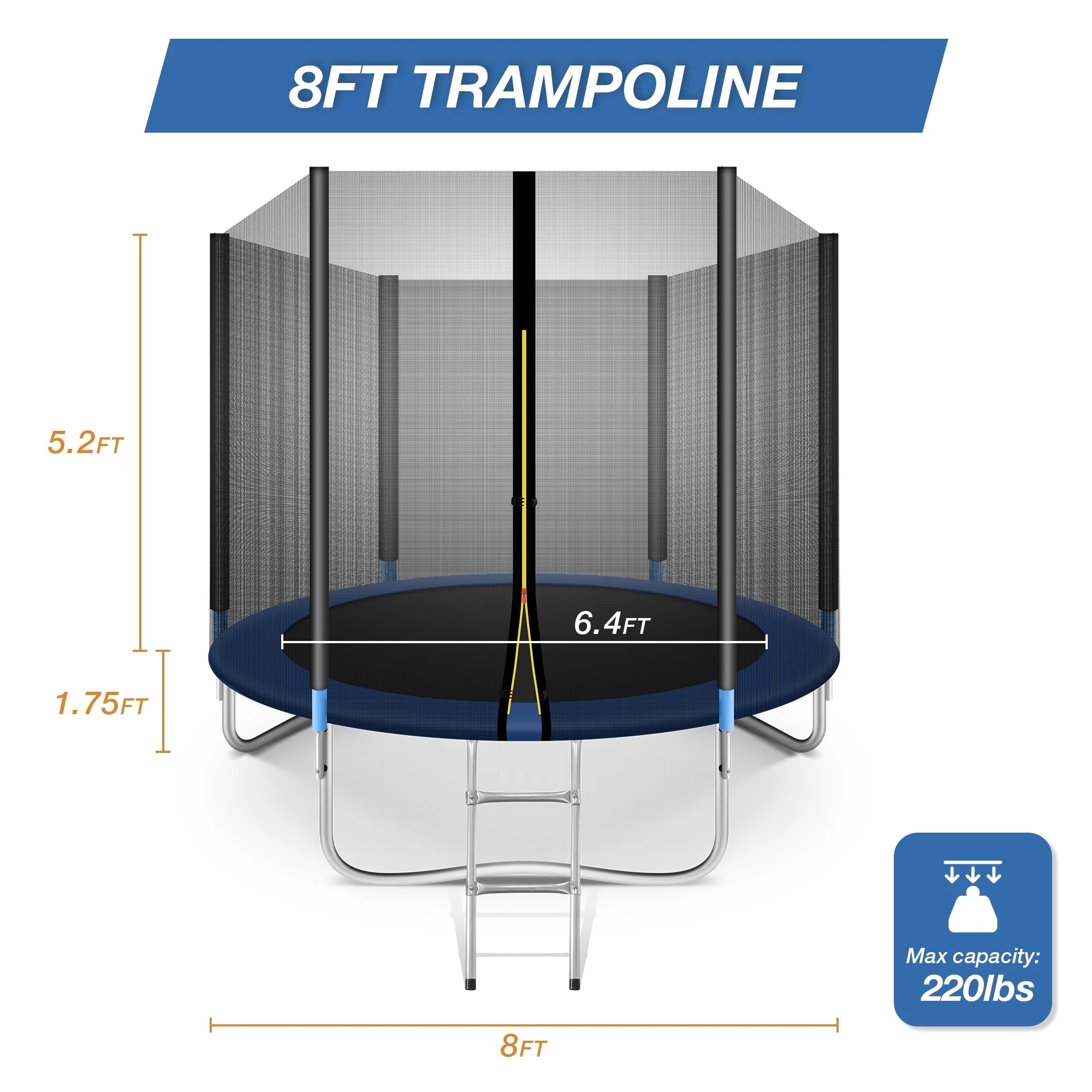 8ft Trampoline with Safety Enclosure Net and Ladder, Recreational Trampoline Combo for Jumping Trampoline Fitness, Bounding Table Suitable for Kids & Teenagers & Adults