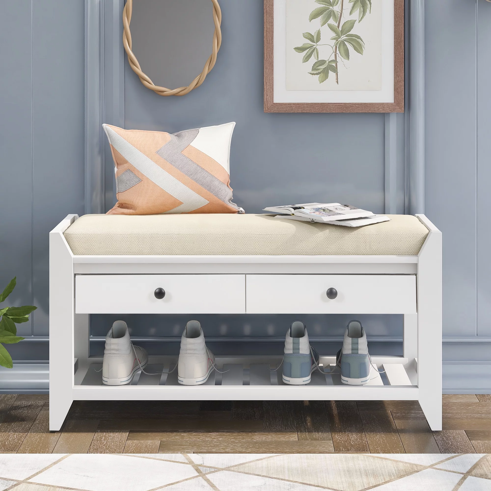 Shoe Rack with Cushioned Seat and Drawers, Multipurpose Entryway Storage Bench,White