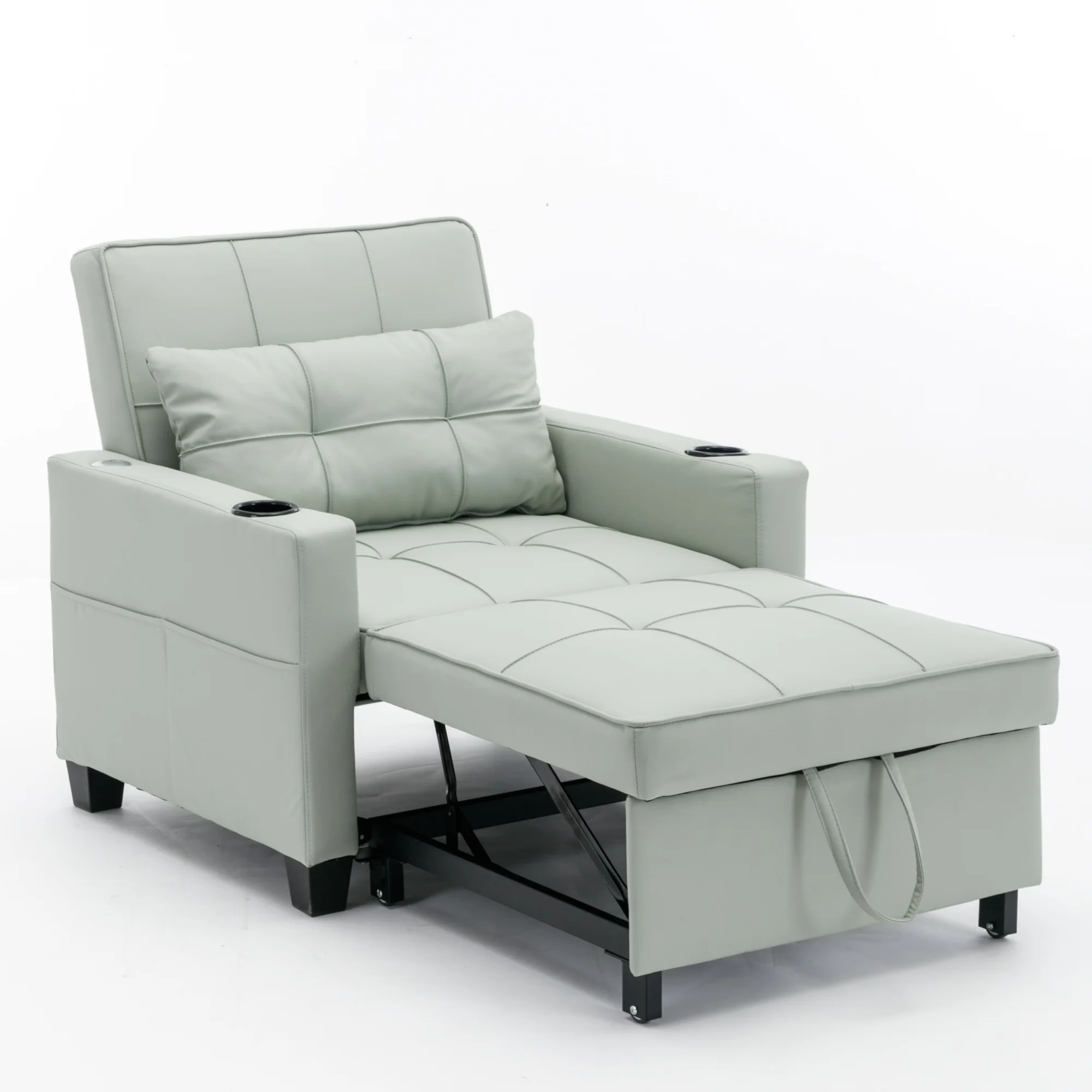 Futon Chair Bed Convertible Chair 3-in-1 Pull Out Sleeper Chair Beds with USB Ports, Armchair Bed Sleeper for Living Room (Green Leather)