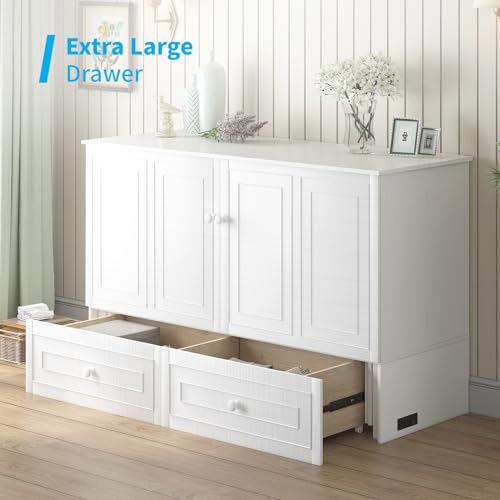 Mjkone Murphy Bed Cabinet, Queen Size Cabinets Bed Chest with USB Charging Station & Tri-Folding Mattress, Wall Beds with Storage Drawers for Guest Bedroom Apartment Office, Easily Convertible, White