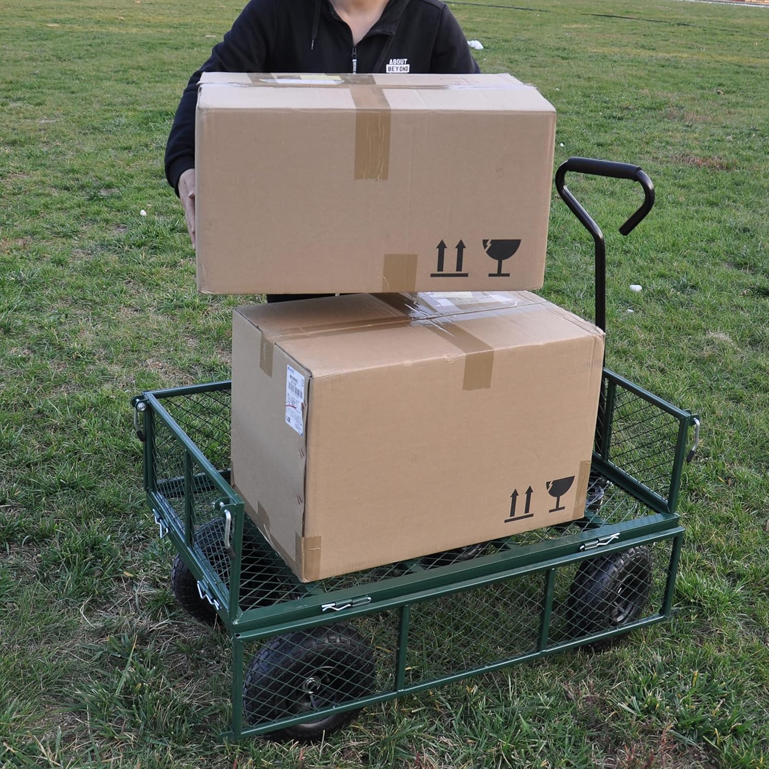 Fihuted Garden Cart Wagon Heavy Duty Mesh Steel, Utility Wagon Cart with Tire Pump , Yard Cart with Removable Sides , Green
