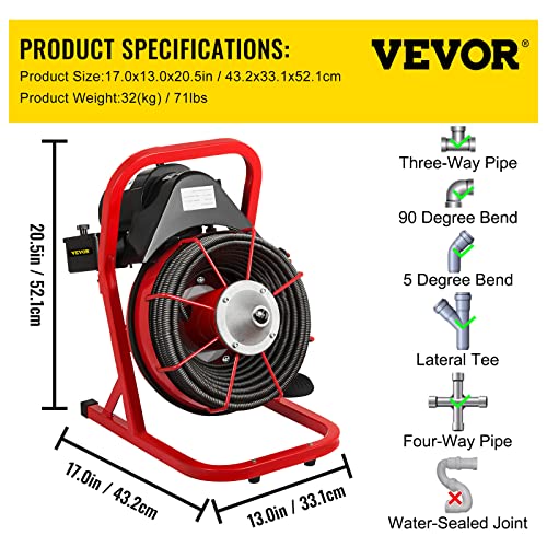 VEVOR Portable Sewer Snake Auger Cleaner with Cutters & Air-Activated Foot Switch for 1" to 4" Pipes, Black, Red