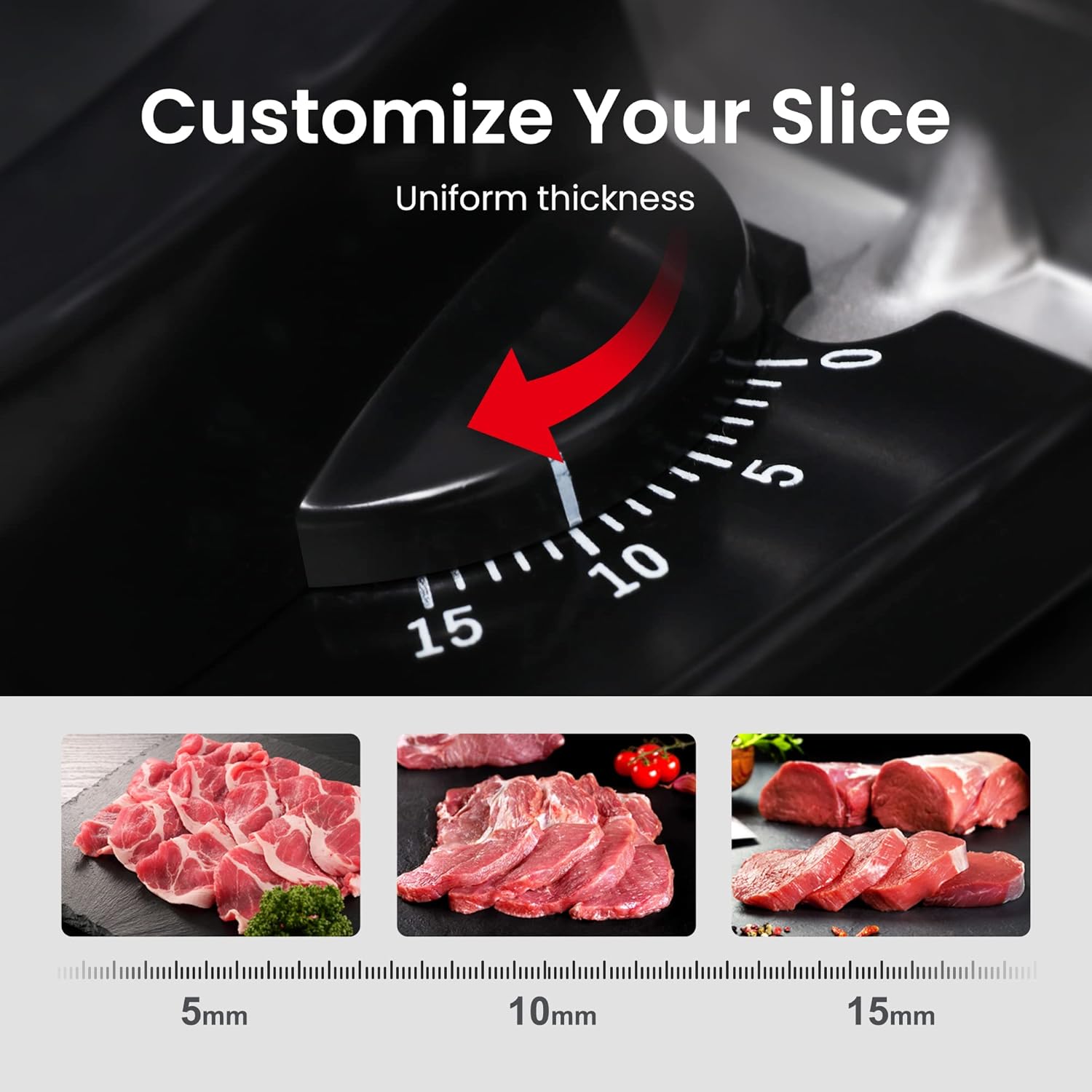 TooGood Household Meat Slicer, 1/4 HP, 180W Electric Food Slicer with 7.5 Stainless Steel Blade and Removable Food Carriage, Quick Release, 0mm-15mm Adjustable Slicing Thickness
