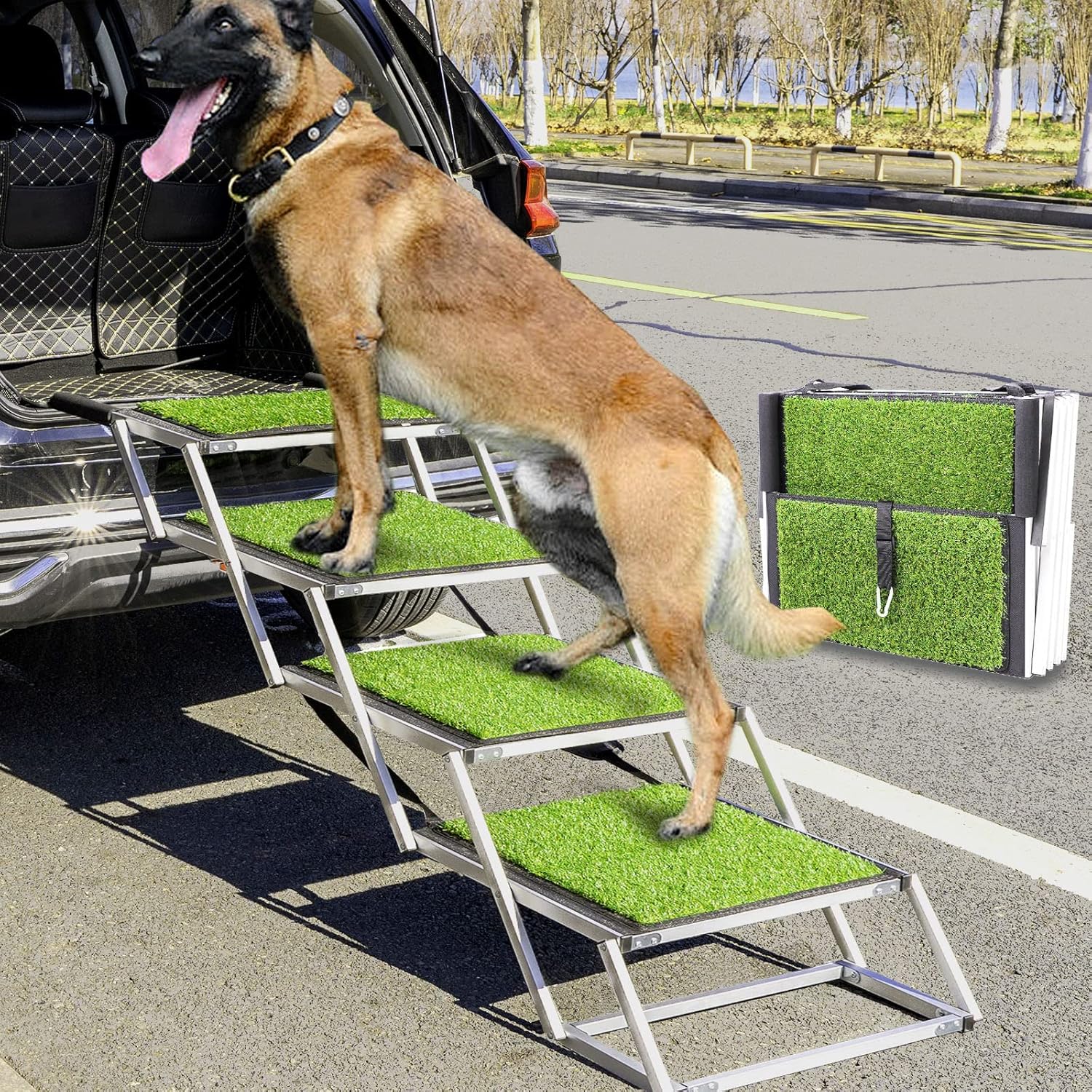 Widen Foldable Dog Car Stairs, Aluminum Frame 4 Steps Portable &Lightweight Pet Stairs, The Widest and Deepest Ladder on The Market, Nonslip Pet Ramp for Cars, Trucks and SUVs, Support 150 to 200 lbs