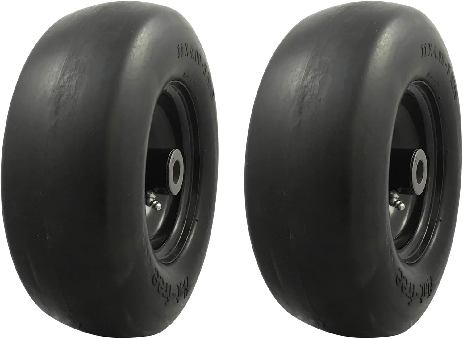 MARASTAR 00232-2pk Universal Fit Flat Free 11x4.00-5 Lawnmower Tire Assembly, 3.4" Centered Hub, 3/4" Bushing Pack of 2