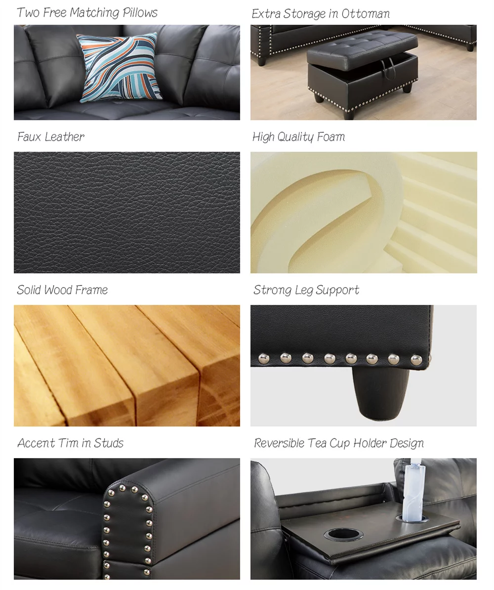Ponliving Furniture Room Sectional Set, Leather Sectional Sofa in Home, with Storage Ottoman and Matching Pillows Left Hand Facing Black