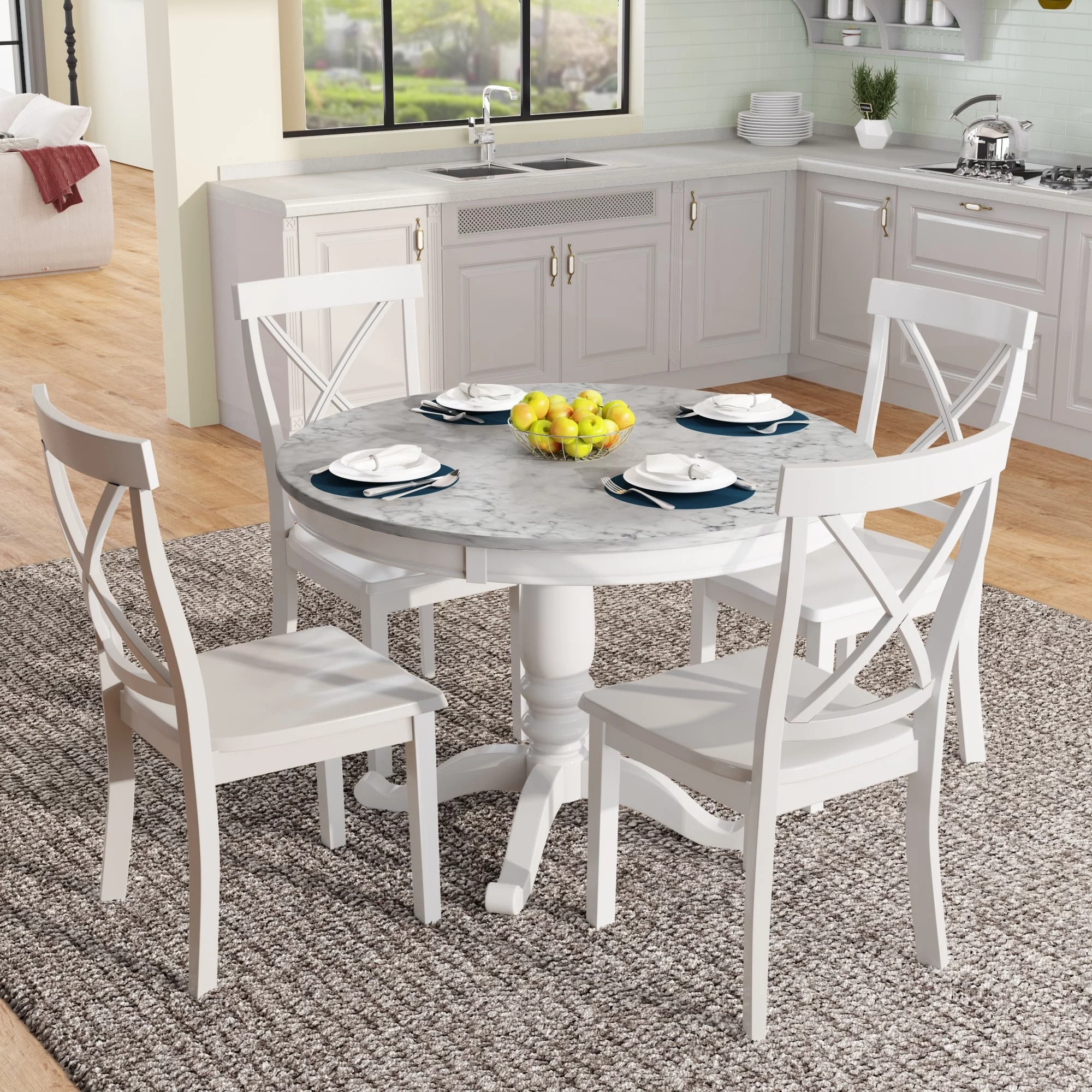 5-Piece Dining Table Set - Solid Wood Kitchen Table with Faux Marble Top & 4 Chairs - Contemporary Design, Easy Assembly White