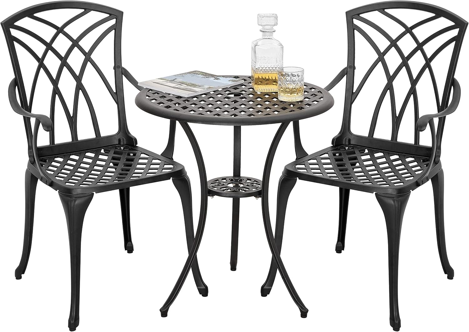 Nuu Garden 3 Piece Patio Bistro Sets Cast Aluminum Bistro Table Set Outdoor Patio Furniture with Umbrella Hole for Patio Balcony, Black