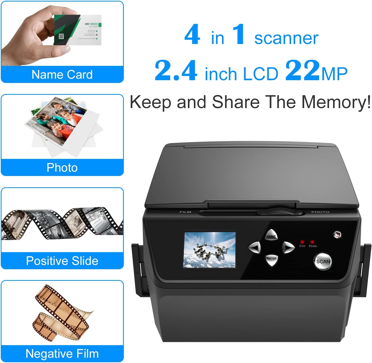 22MP Film &Slide Photo Multi-Function Scanner, Converts 135Film/35mm,110Film/16mmNegatives/Slide/Photo/Document/Business Card to HD 22MP Digital JPG Files, 8GB Memory Card Included