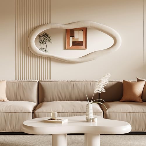 Honyee Full Length Mirror, 63" x 24" Wall Mirror, Flannel Wrapped Wooden Frame Floor Mirror, Irregular Wavy Mirror Hanging or Leaning Against Wall for Cloakroom/Bedroom/Living Room, Milk Tea