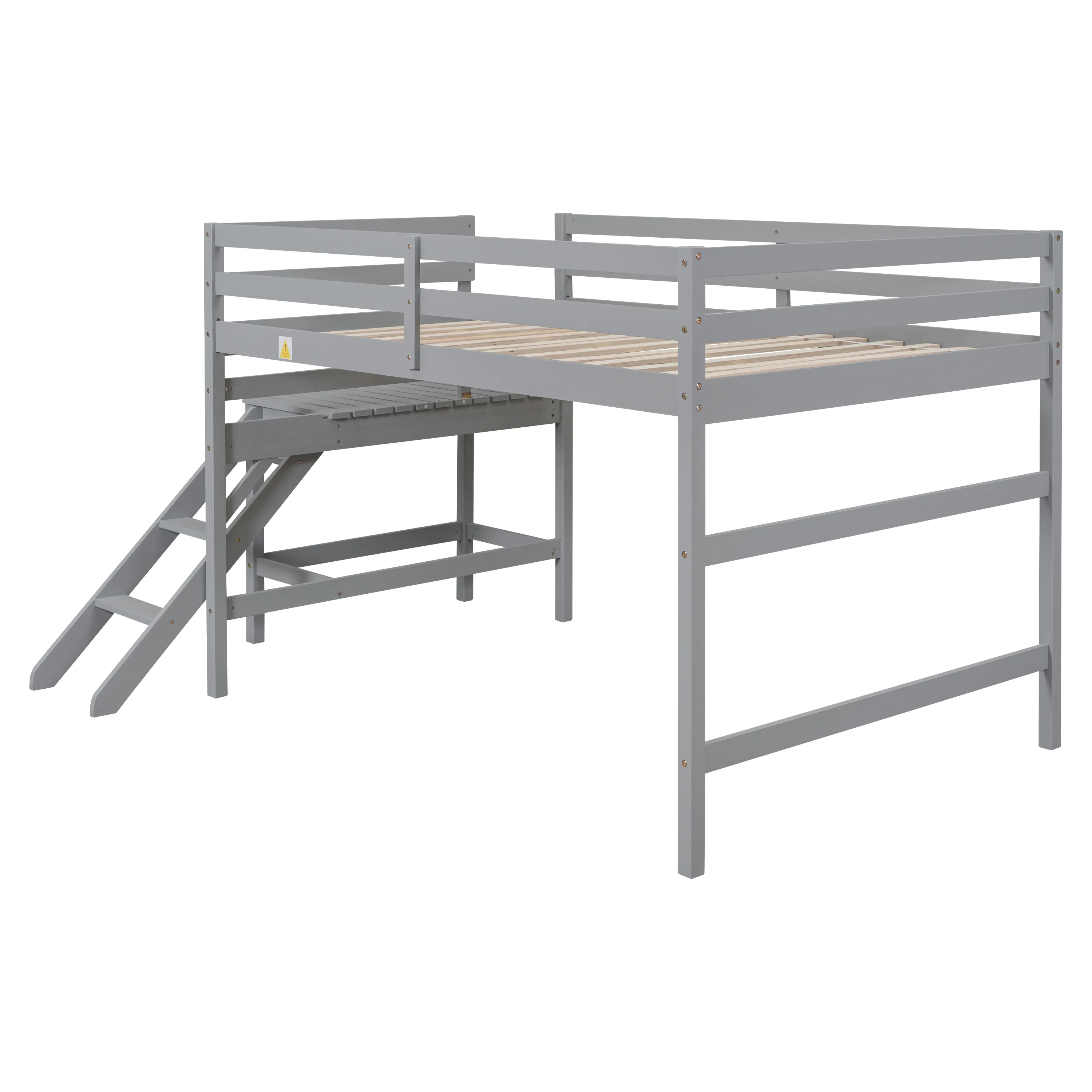Bellemave Full Wood Loft Bed with Full-length Safety Rail and Ladder, Space-Saving Bedroom Low Loft Bed for Kids (Gray)