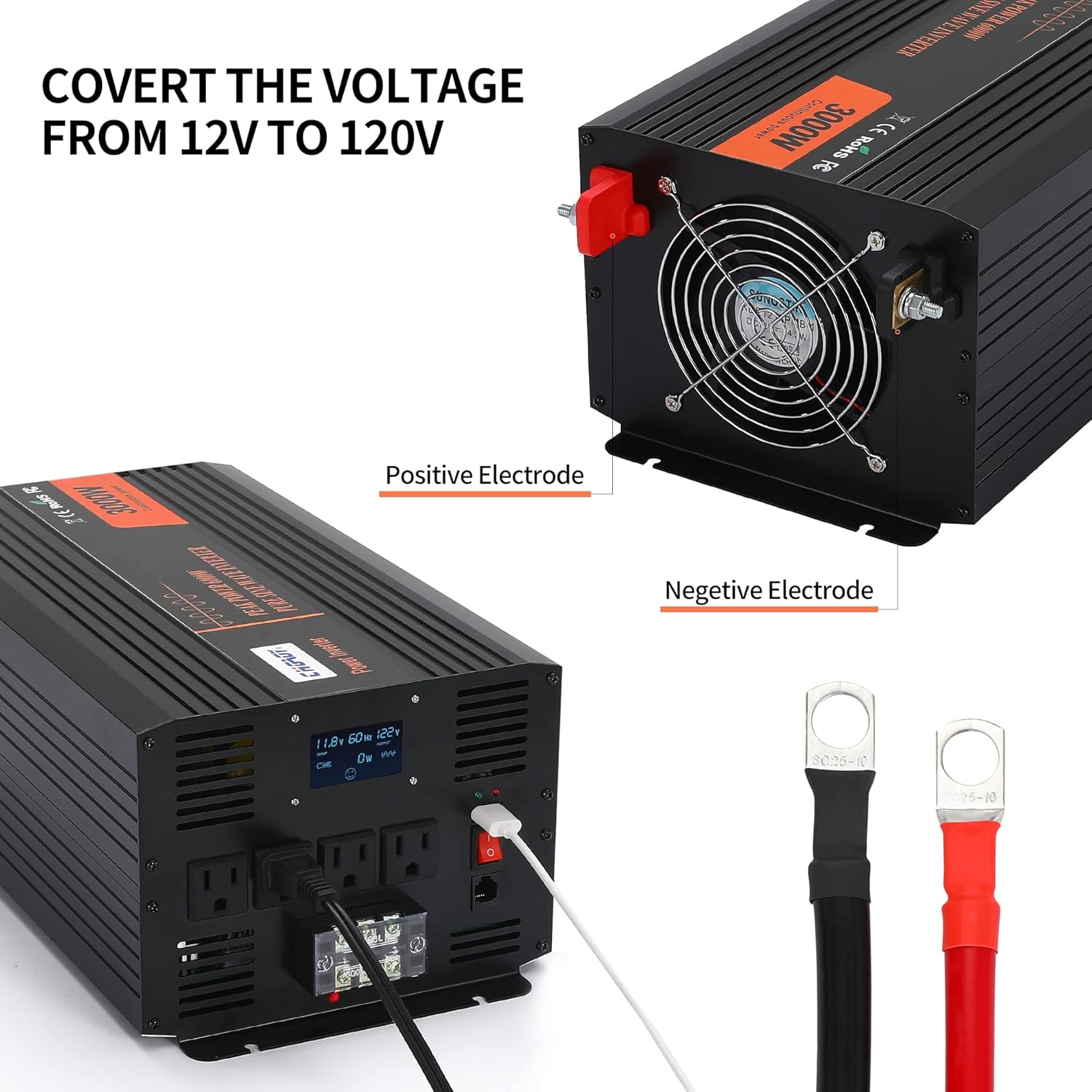 Power Inverter, 2000W Pure Sine Wave Inverter DC 12V to AC 120V Car Inverter with LCD Digital Display Remote Control USB Port Power Converter for Travel/Camping