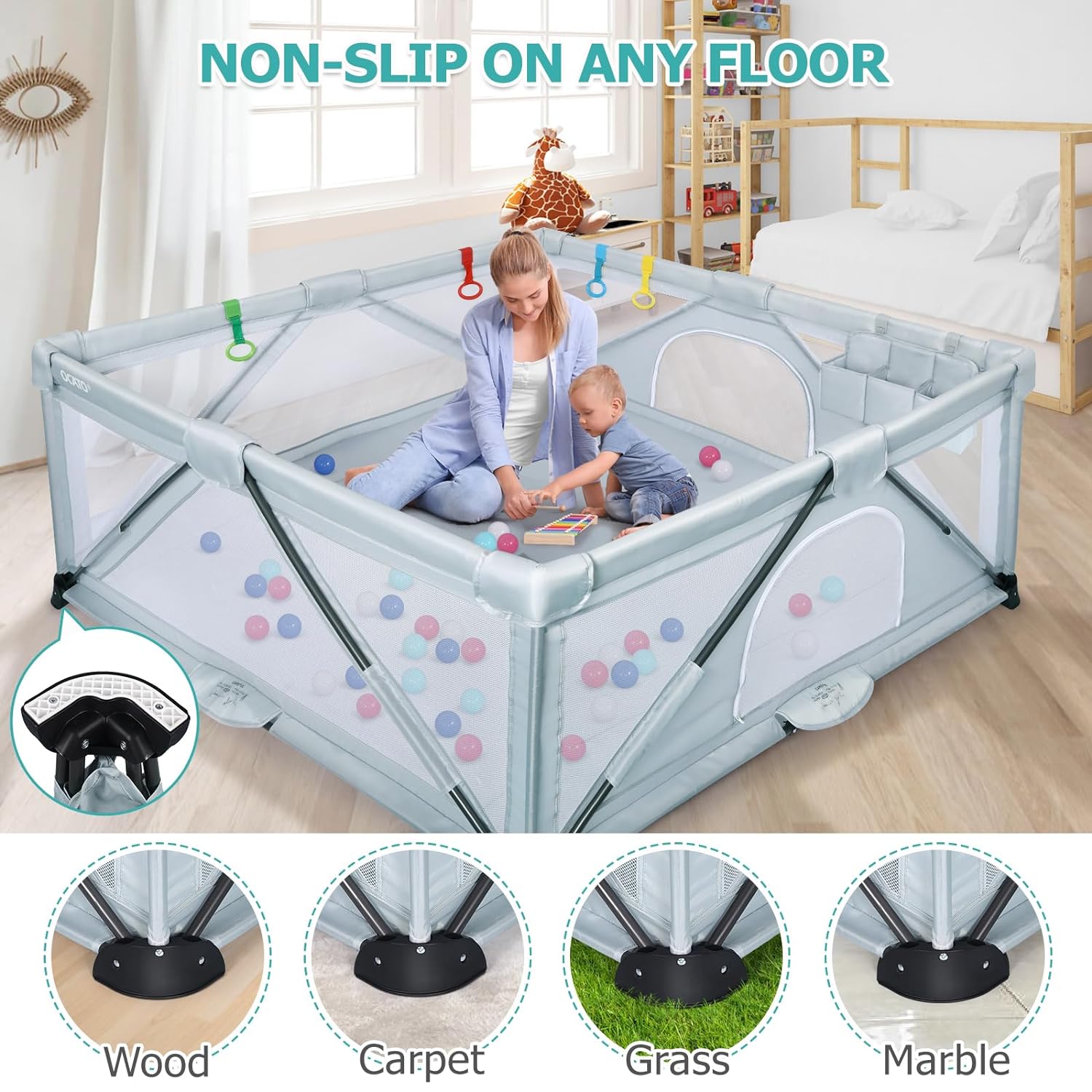 Baby Playpen: Foldable Playpen for Babies and Toddlers Large Play Pen Portable Playpen Fence Indoor Outdoor Kids Safety Area Travel Play Yard with 2 Storage Bags 4 Handlers 50 Balls (71" × 59")