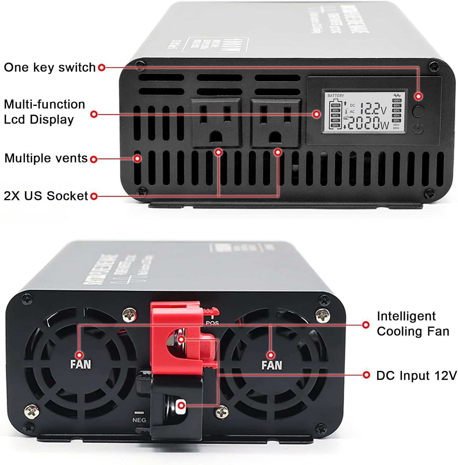 Pure Sine Wave Inverter 2000W Peak 4000W Power Inverter DC 12V to AC 110V 120V with 2 AC Outlets LCD Display for Home Solar System Car Truck RV Professional-Grade Voltage Converter Sine Wave Inverter