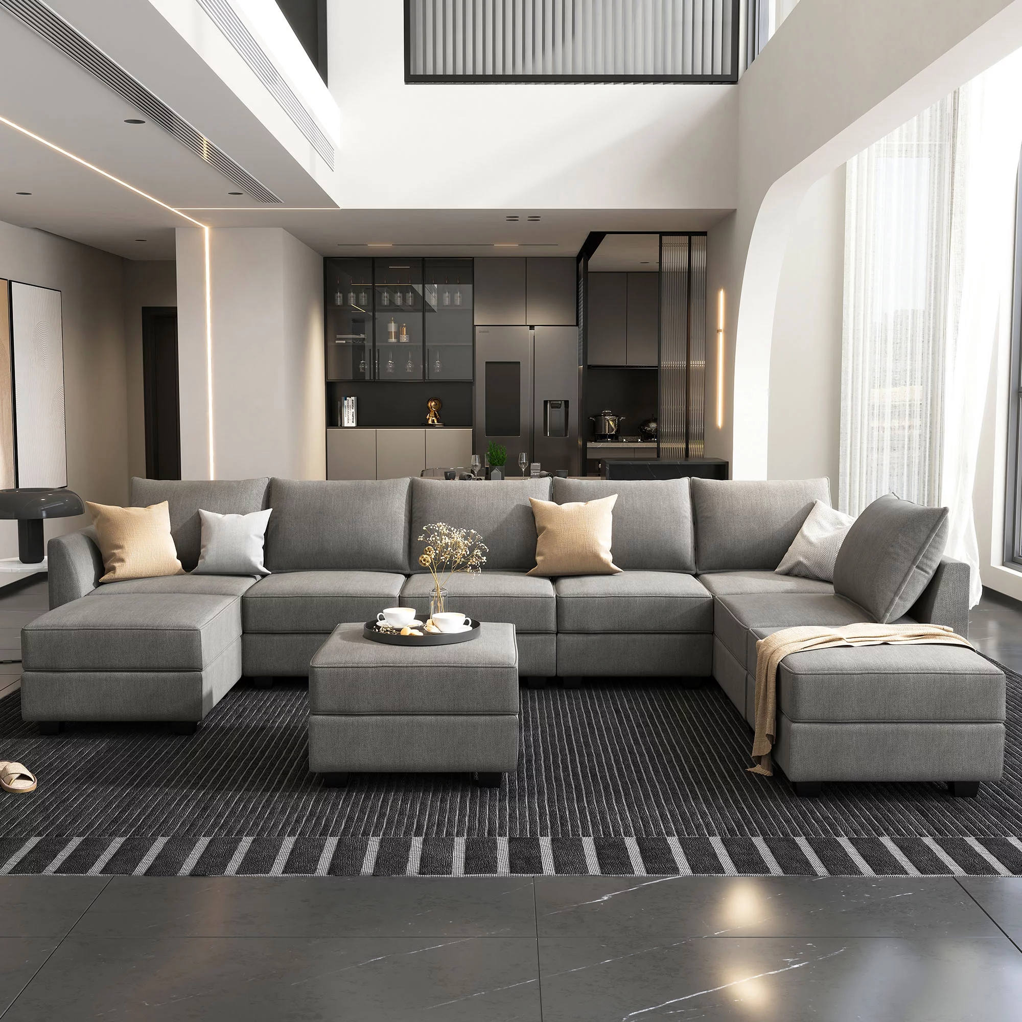 HONBAY Reversible Sectional Sofa Couch Set U Shaped Couch Sofa Sets for for Apartment/Living Room 8 Seats Sofa Sectional with Storage Ottomans, Grey