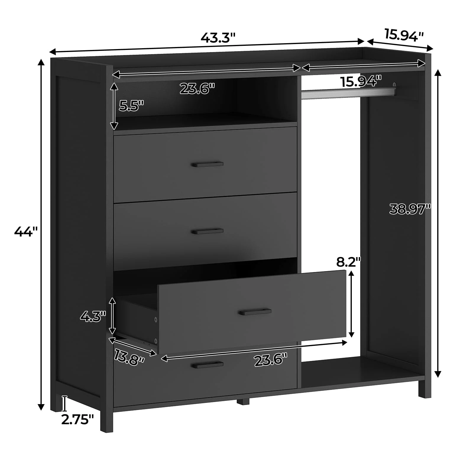 Afuhokles 4 Drawer Dresser for Bedroom with Clothing Rack, Dressers and Chests of Drawers with LED Lights, Modern Long Led Dresser for Bedroom Closet, Black