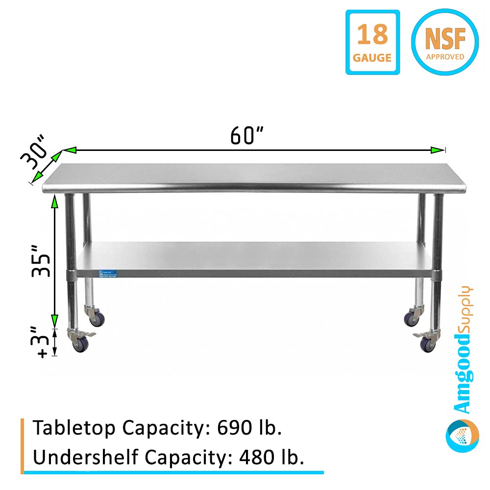 AmGood 18 x 48 Stainless Steel Work Table with Casters | Heavy Duty Metal Utility Table On Wheels | Kitchen Island Cart