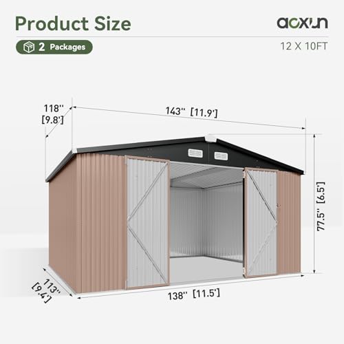 Aoxun 10 x 12FT Outdoor Storage Shed with Double Hinged Large Door Utility Garden Shed with Lockable Door & Sloped Roof Metal Sheds Outdoor Storage for Garden, Backyard, Patio and Backyard, Brown