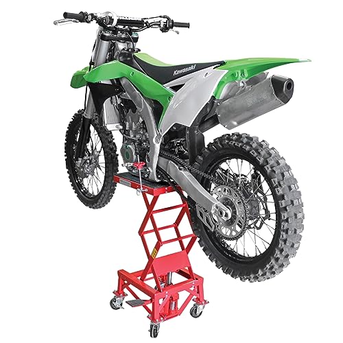 Extreme Max 5001.5083 Ultra-Stabile Hydraulic Motorcycle Lift Table with Foot Pad Lift Function - Raises Bikes from 13.25" to 34", 300 lbs. Weight Capacity, Red