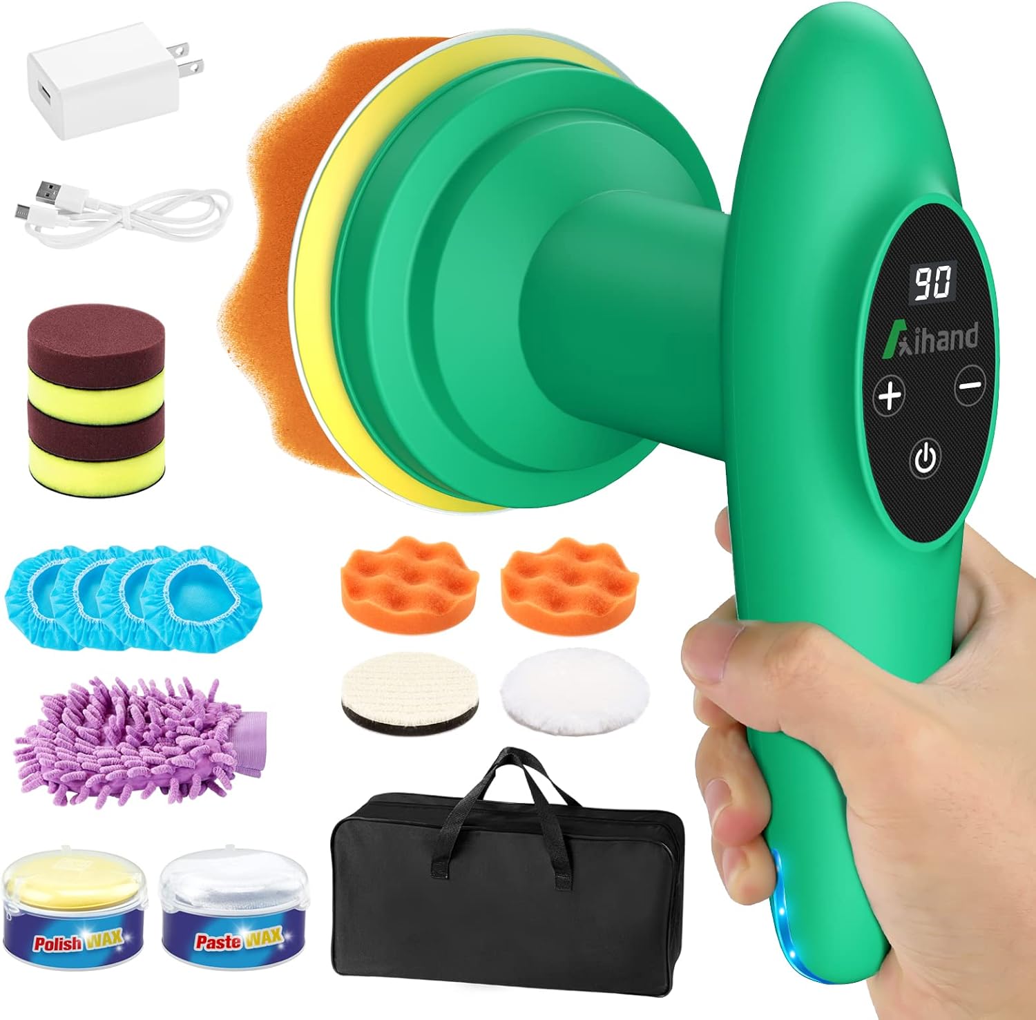 Cordless Car Polisher, 4inch 2500-6000 RPM Orbital Polisher with 8 Pads, Aihand Lightweight Micro Cordless Buffer with Polish/Paste Wax for Car Detailing/Waxing, 6 Speeds, 12V with LCD Display Pack of 2
