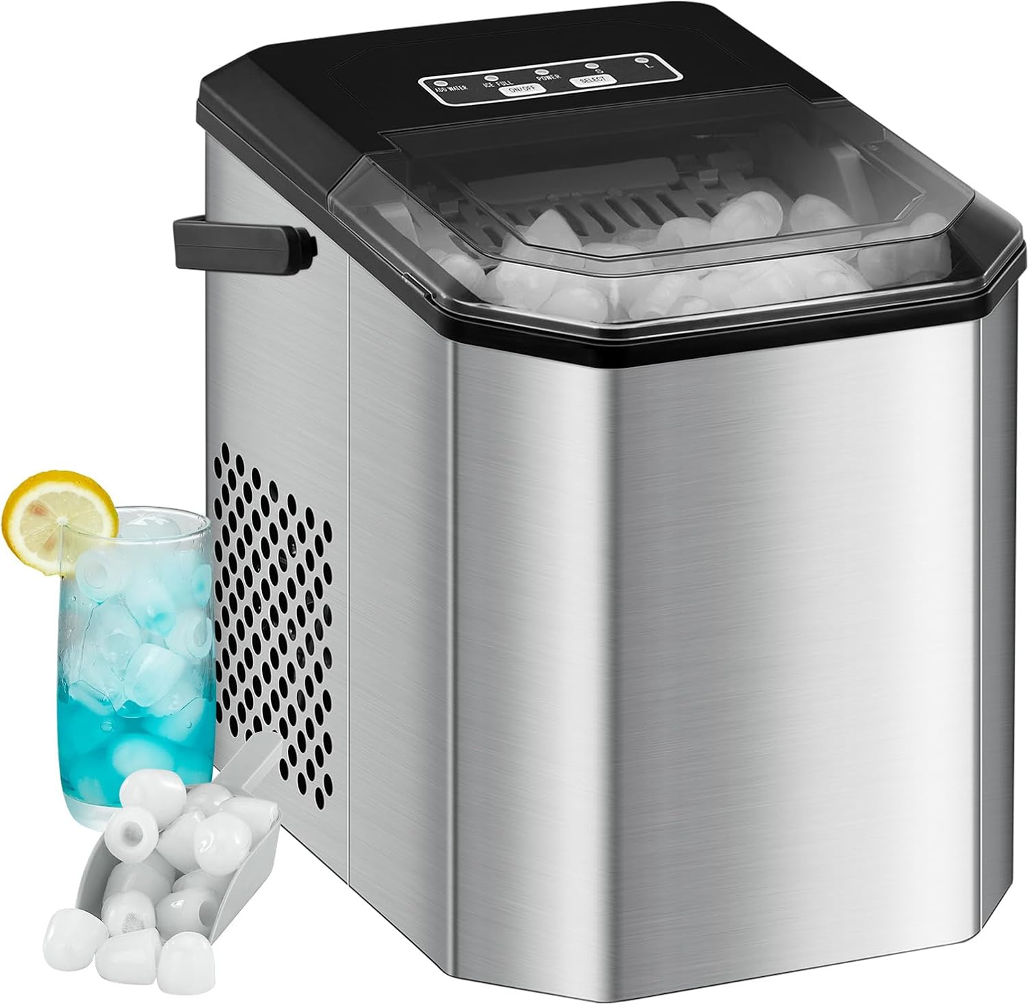 Countertop Ice Maker, 26 lbs in 24 Hrs, 9 Cubes Ready in 6 Mins with Ice Scoop and Basket, Portable Ice Cube Maker Self-Cleaning, 2 Sizes of Bullet Ice for Home Kitchen Office Bar Party