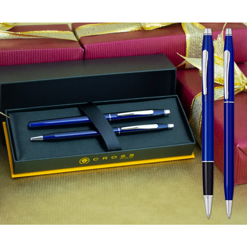 Cross Classic Century Translucent Blue Lacquer Ballpoint and Rollerball Pen Set