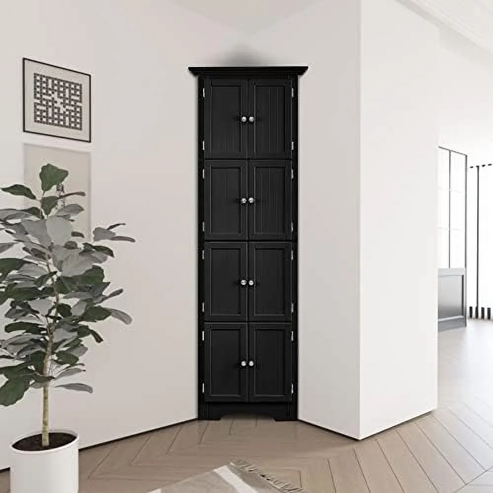 KHBIULIFE Corner Cabinet 72\u201C Tall  Cabinet with 8 Doors and   Free Standing Corner Hutch Cabinet for Bathroom Kitchen Living Room Office (Corner-Black)